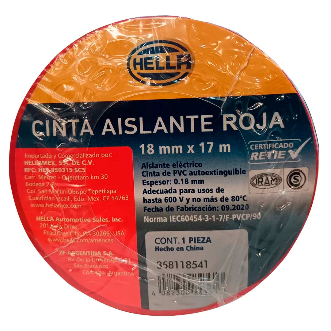 HUINCHA AISLANTE ROJA 17 METROS HELLA PACK 10 UNIDADES